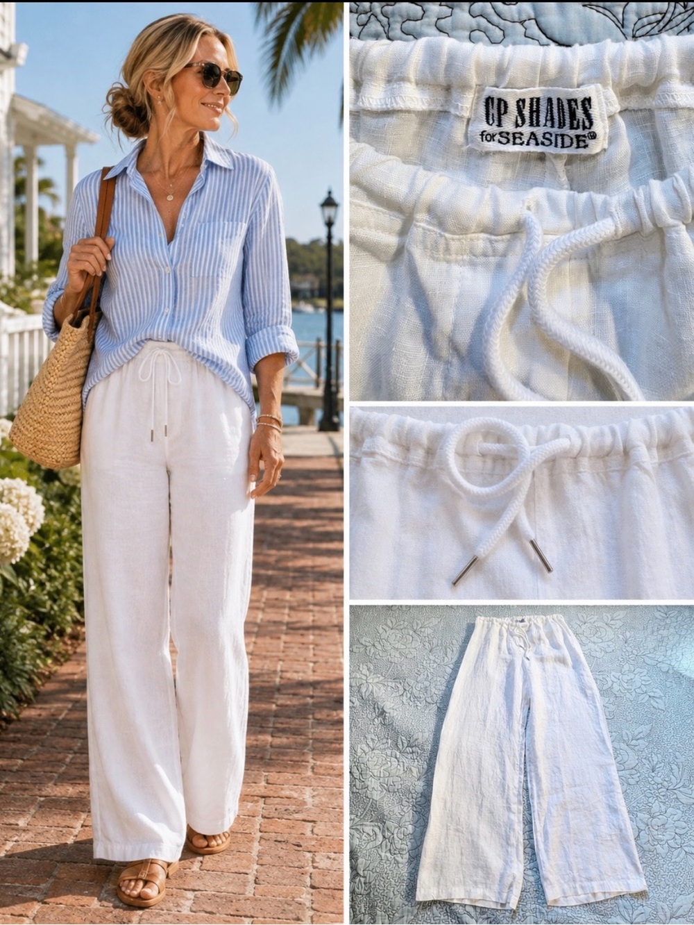 ☀️CP Shades for Seaside White Linen Wide Leg Pull On Pants Sz 10🧡